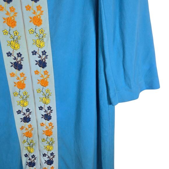 VTG 60 70s Blue Floral Embroidery Zip Robe Lounge Dress Housecoat Evelyn Pearson - Picture 6 of 13